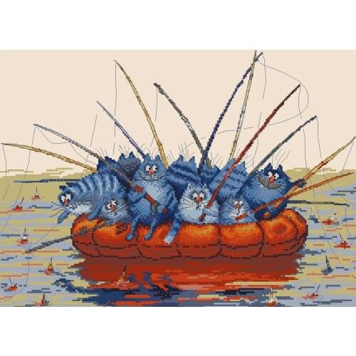 For Embroidery Needlework Crafts 14CT Unprinted DIY Quality Cross Stitch Kits Handmade A Boat Fishing Cat Arts Decor Animal