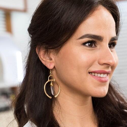 Medieval New Accessories C-shape Alloy Hand Wrapped Transparent Natural Stone Earrings Earrings Jewelry