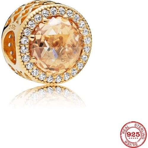 New Original Gold Color Pink Pave Round Openwork Bead Fit European Pandora Charms Bracelet Bangles Diy Jewelry P086-G