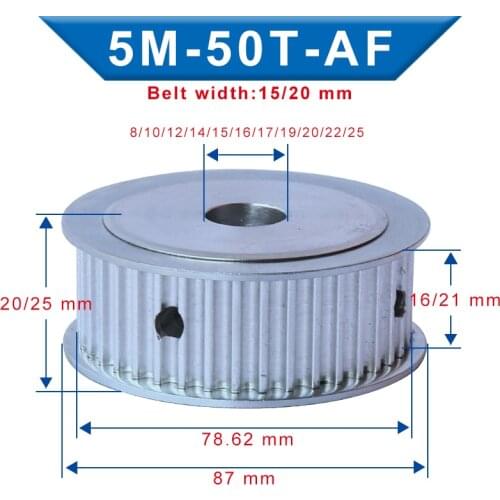 5M-50T Pulley Bore 8/10/12/14/15/16/17/19/20/22/25 mm Aluminum pulley wheel Slot Width 16/21 mm For Width 15/20mm 5M-Timing Belt