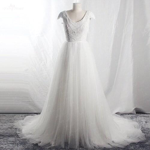 RSW1662 Real Pictures Elegant Scoop Neckline Cap Sleeves Pearls Pattern Reception Vestido De Noiva A Line Beaded Wedding Dress