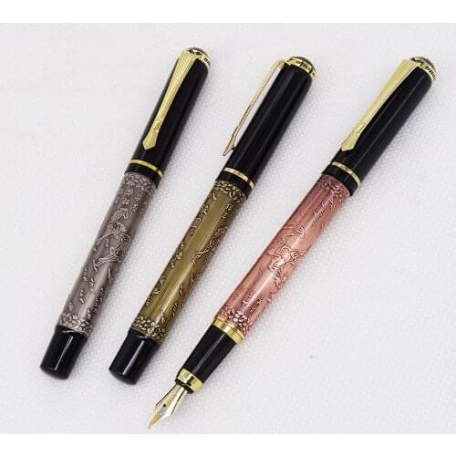 3PCS Baoer 507 Metal Vintage Fountain Pen Running Horses Pattern Bronze/Red Copper/Gray Color Writing Set for Gift Office Home