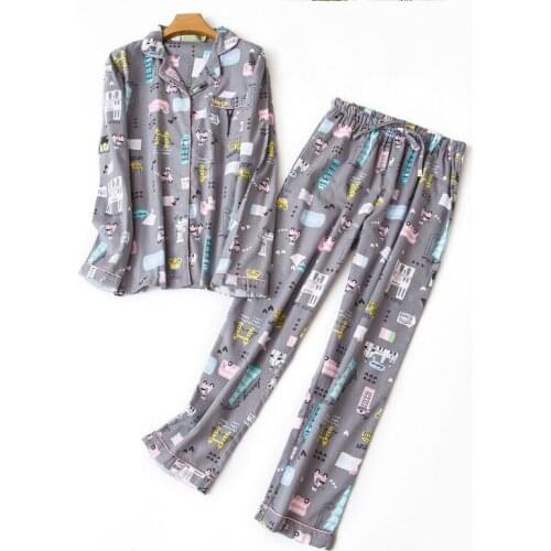 Spring Autumn Women Casual Cartoon Pajama sets Female 100% Cotton Sleepwear suit Women Turn-down collar shirt & Pants XXL