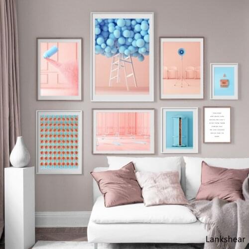 Blue Balloon Door Pink Wall Paint Quotes Nordic Posters And Prints Wall Art Canvas Painting Wall Pictures For Living Room Decor