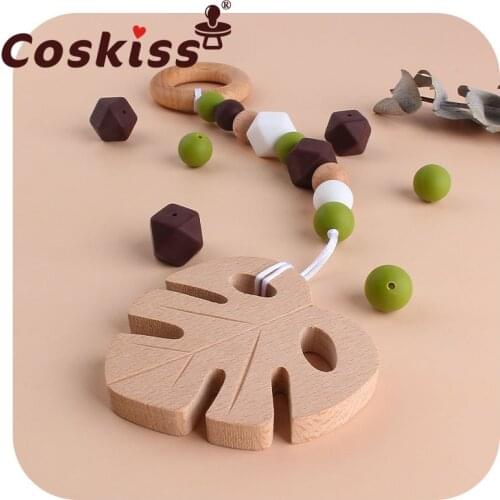 Coskiss Beech Wood Leaf And Wooden Ring Pacifier Chain Nipple for Infant Newborn Baby Silicone Beads Teething Bath Gift