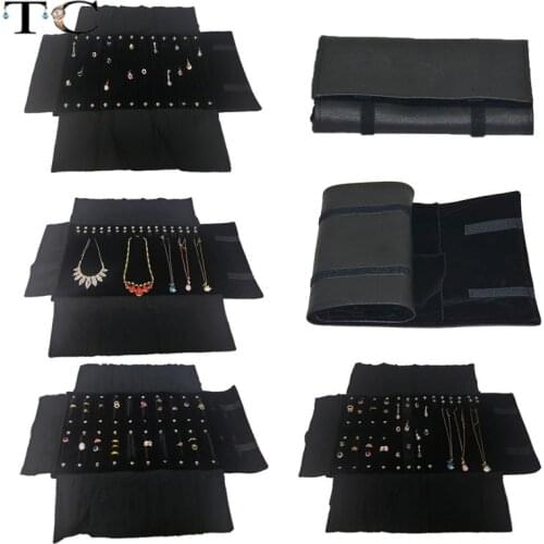 Jewelry Storage Bag Necklace Roll Organizer Bag Ring Earring Velvet Carrying Black Leather Display Holder Jewelry Packaging