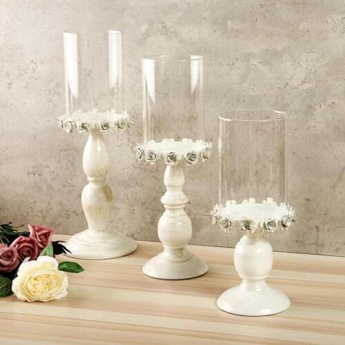 Vintage Valentines Day Home Decor Romantic Wedding Decoration White Candle Holders Tall Glass Candlesticks Metal Crafts