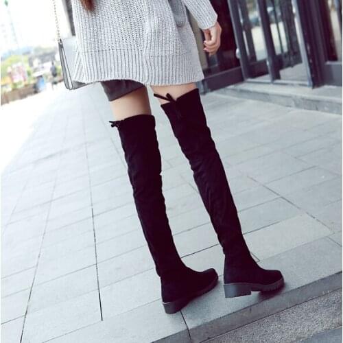 2020 Black Elastic Flock Slim Fit Thigh High Boots Women Autumn Winter thigh Lace up ladies High heel Chunky heels Long botas