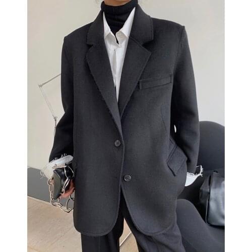 Winter Thickened Woolen Blended Suit Lapel Wide Shoulder Leisure Plus Size Loose Women Black Oversized Blazers And Jackets