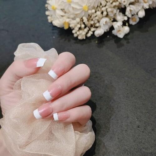24pcs White And Pink Wear Long Paragraph Fashion Manicure Patch False Nails Save Time Wearable Nail Patch Fake Nails