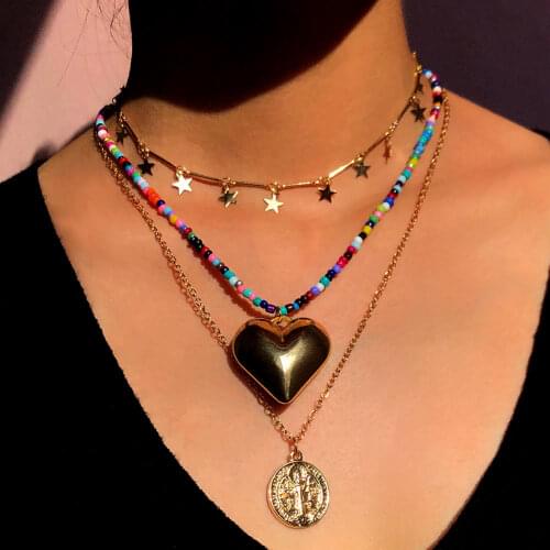 3 Pcs/Set Bohemian Gold Big Love Coin Pendant Beaded Necklace Women Star Metal Choker Collar Colorful Acrylic Seed Bead Strand