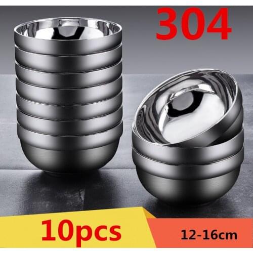 304 10 pcs Family Dinnerware Rice Bowls Kids Double Layer Stainless Steel Bowls Child Anti Hot Insulated Bowl Child Soup Bowl