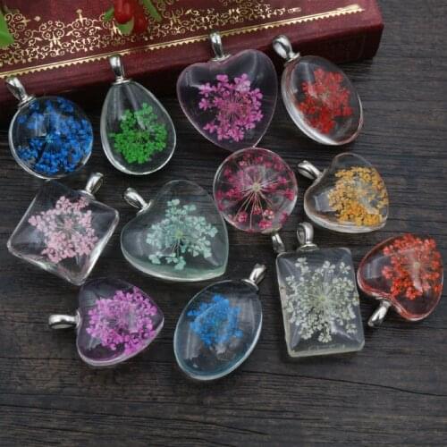 5pcs/lot Mixed Crystal Glass Real Dried Flower Heart Necklace Pendant Charms DIY Jewelry Making Findings Supplies
