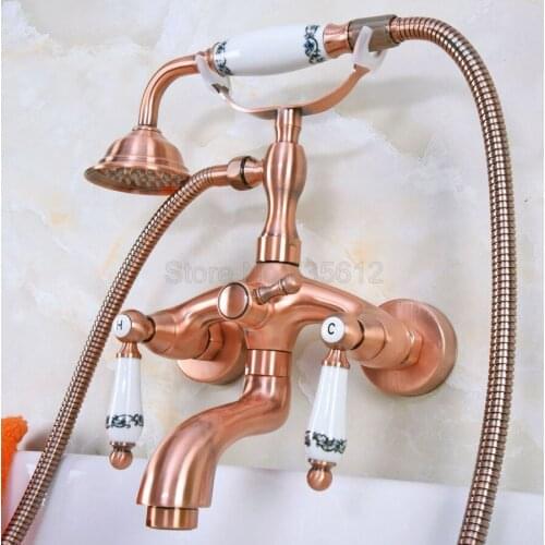 Antique Red Copper Clawfoot Bathtub Faucet Set with Handheld Shower Dual Ceramic Handles Mixer Taps Wall Mounted tna312