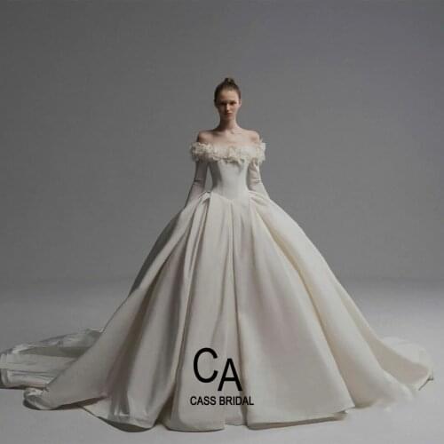 Off the shoulder wedding dress satin bridal gown Cathedral Train long sleeves ball gown corset 2021
