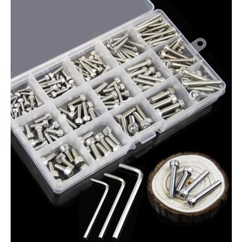 Free shipping one set 221 pcs 304 stainless steel hexagon socket set screw hex head cap screws M3M4M5