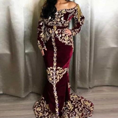 Burgundy Moroccan Kaftan Caftan Muslim Evening Dresses Mermaid Long Sleeves Appliques Dubai Arabic Turkey Abaya Islamic Gown