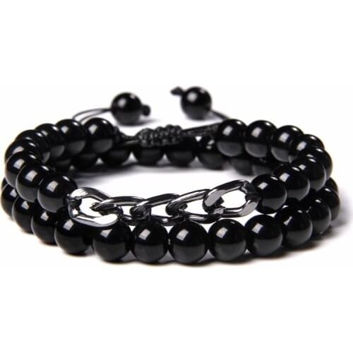 Natural Stone Labradorite Hematite Lava Black Onyx Beads Stainless Steel Chain Bracelets For Men Women Wrist Classic Jewelry