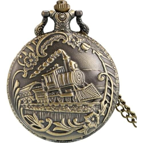 Bronze Train Front Locomotive Engine Necklace Quartz Pocket Watch Flowers Surround Engraved Cover Pendant Chain Collectibles
