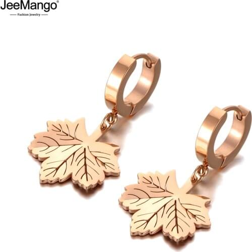 JeeMango Trendy Titanium Stainless Steel Maple Leaf Earrings For Women Girls Office Style Rose Gold Summer Hoop Earrings JE20093