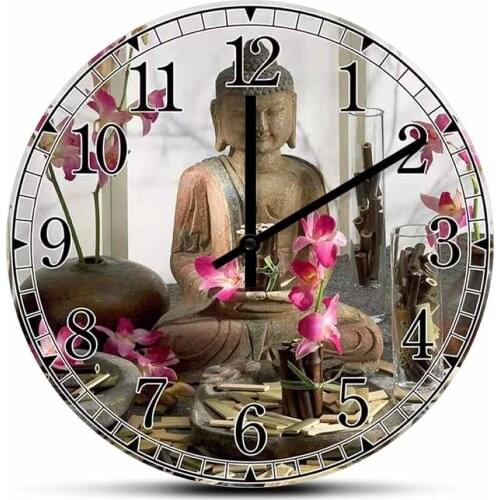 Buddha Lotus Flower Lotus Print Wall Clock Buddhism Inspired Meditation Artwork Modern Timepieces Wall Watch Yoga Studio Decor