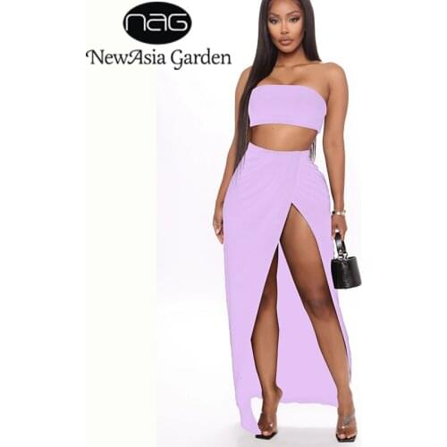 NewAsia Sexy Party Two Piece Set Women Tube Tops Side Split Long Skirts Matching Sets Summer Club 2 Piece Outfits White 2020