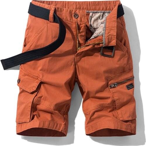 TEHEZAD New Cotton Orange Cargo Shorts Mens Fashion All-Match Multi-Pocket Casual Fit Five Points Summer Lightweight Shorts