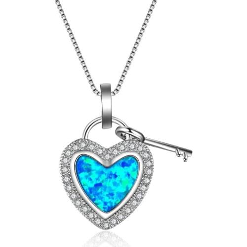 Blue Fire Opal Love Heart Pendant Necklace Retro Fashion Silver Color Chain Necklaces For Women Wedding Jewelry Eternal Necklace