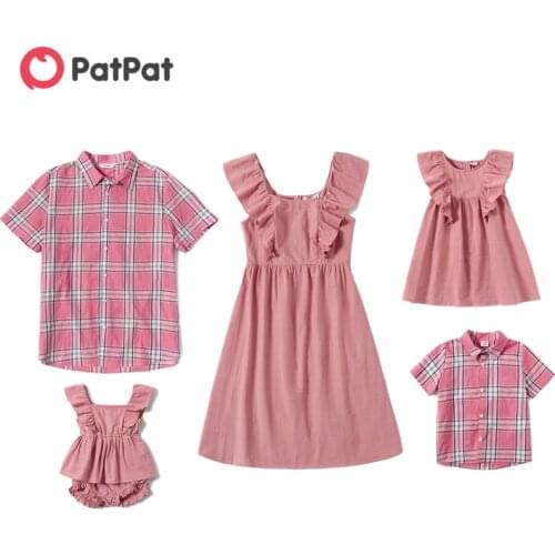 PatPat New Mosaic 100% Cotton Family Matching Pink Series Sets(Tank Dresses - Plaid Short Sleeve Shirts - Rompers)