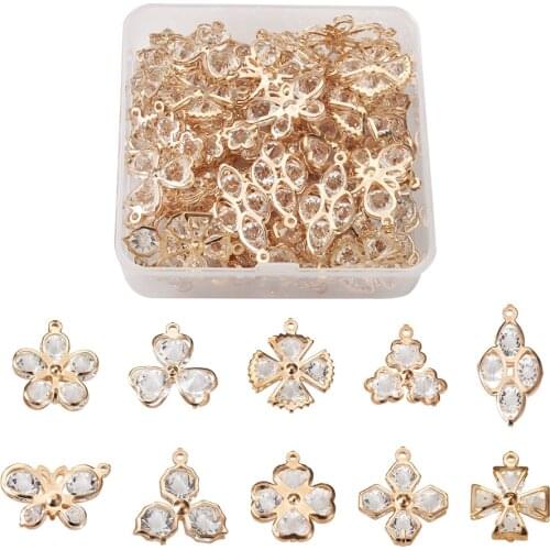 60Pcs 10 Style Alloy Pendants with Crystal Rhinestone Flower Light Gold 6pcs/style