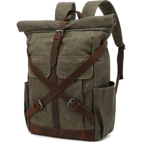 Luxury Vintage Canvas Backpack Men Outdoor Waterproof Travel Bag Belt Design Anti-theft Fashion Schoolbag Large Leather knapsack