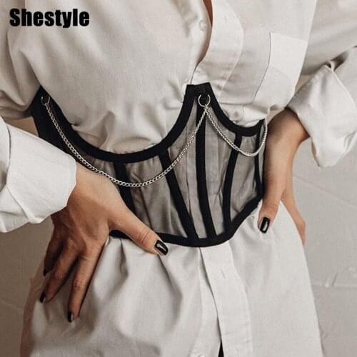 Shestyle Mesh Chain Corsets Girdle Belt Cummerbunds See Through Bone Asymmestrical Back Bandage Cross Ring Accessory Women