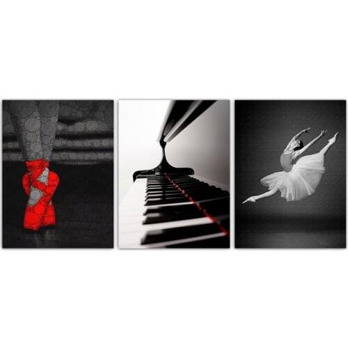 Nordic Canvas Minimalist Painting Red Ballet Shoes Girl Pictures Art Print Black White Piano Keys Poster Bedroom Wall Home Decor