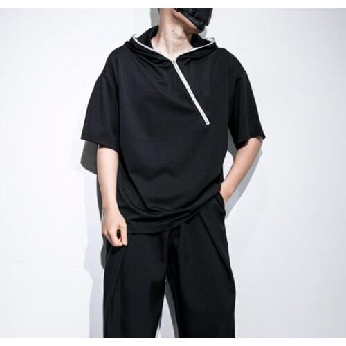 Dark trendy brand mens summer loose casual personality diagonal zipper design hooded short-sleeved T-shirt