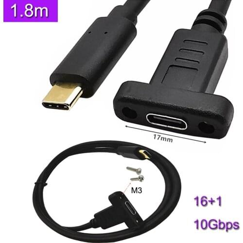 USB C Type-C Male To Female Extension Data Cable with Panel Mount Screw Hole 10Gbps 1.8m