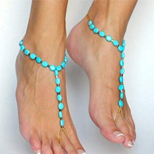 Women Bracelets Bohemian Handmade Blue Stone Anklets Vintage Ethnic Gold Color Beads Ankle Chain Foot Beach Jewelry