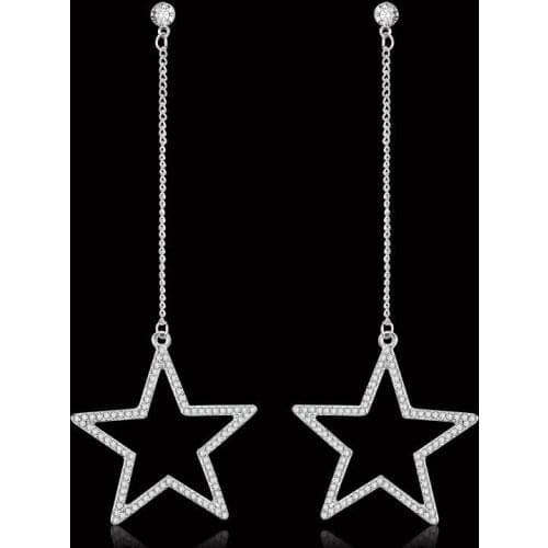 Hollow Star & Heart Full Bling Crystal Silver Plated Chains Dangle Earrings Women Drop Earrings