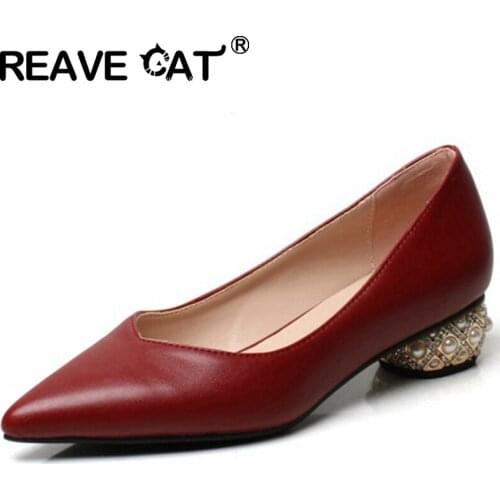 REAVE CAT New 2021 Ladies Pumps Pointed Toe 3.5cm Strange Heels Pearl Slip-On Elegent Consice Big Size 43 Date Casual A3596