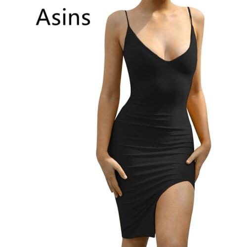 Asins summer dress 2019 new hot women casual fashion deep v neck high waist sling splice solid color sleeve slim sexy wild dress