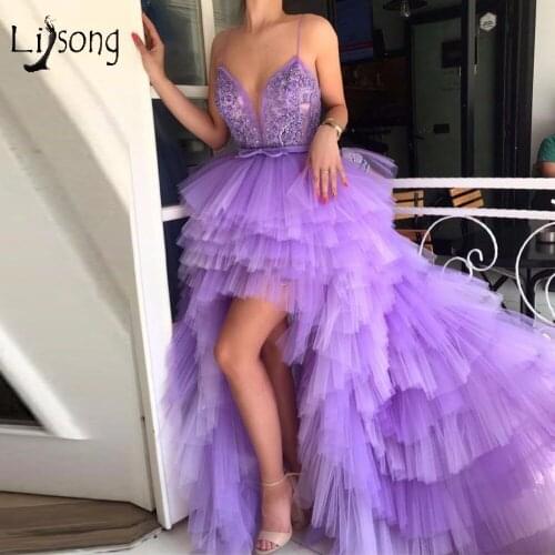 Pretty Lavender Ruffles High Low Prom Dresses 2018 Lace Appliques Tiered Long Prom Gowns Beaded Formal Dress Robe De Soiree