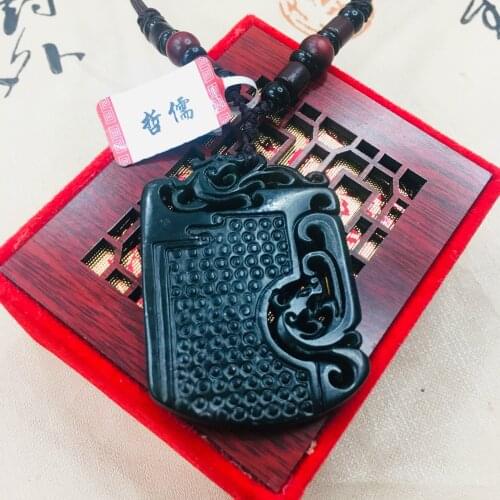 Zheru natural and Tian Moyu carved black double dragon axe pendant with sandalwood beads necklace sweater chain