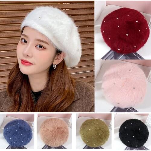 Winter beret female solid color rabbit fur rhinestone all-match painter hat fashion plush British retro autumn French warm hat