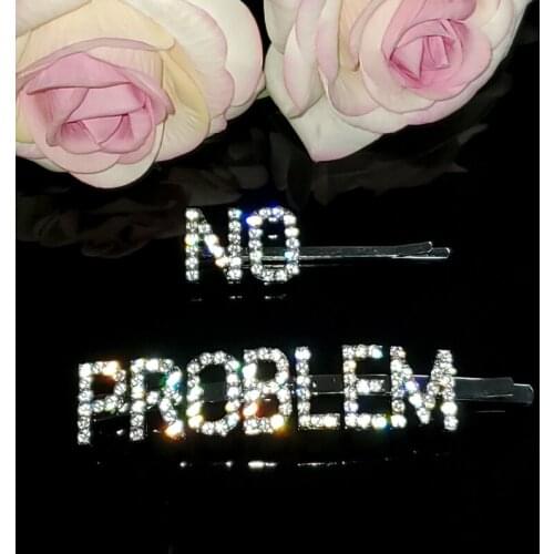 2Pcs/Set Crystal Hair Clips "NO PROBLEM“ Saying Words Hair Jewelry Hairgrip Letters Hair Bobby Pins Accessories