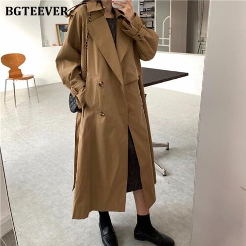 BGTEEVER Vintage Double Breasted Loose Female Windbreaker Autumn Winter New Fashion Turndown Collar Women Trench Coats 2021