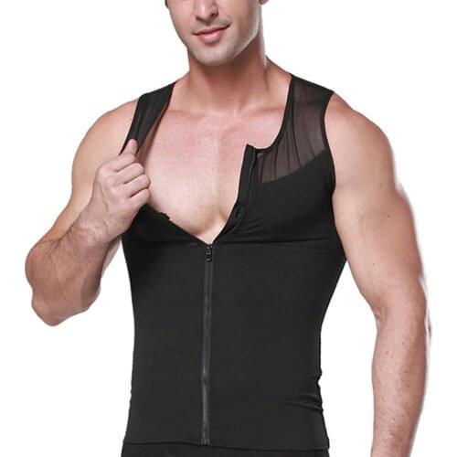 Front Zipper Vest Body Slimming Belt Bodysuit Shapewear Black White Waist Control Tops Tummy Trimmer T Shirt Men Shaper