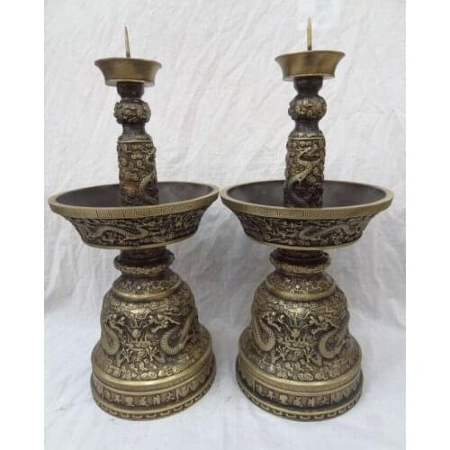 Fast shipping USPS to USA S1832 20" Chinese Buddhist Bronze Dragon Head Ball Statue Candle Stick Holder Pair