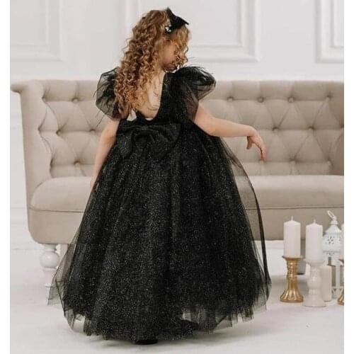 Black Shiny Flower Girl Dresses Tulle Backless Feather Ball Gown Lilttle Kids Birthday Pageant Weddding Wears