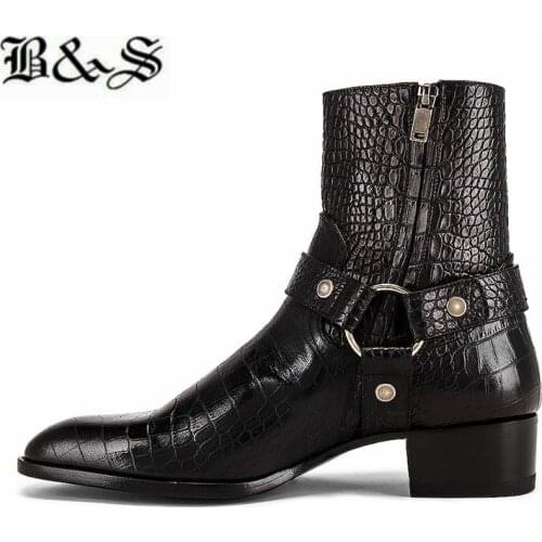 Black& Street 2020 Stone pattern Cowhide genuine Leather buckle strap ring wedge Chelsea Boots