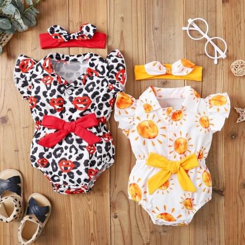 Baby Girl Clothes Summer New Toddler Girls Sun Printed Romper Jumpsuit Headband Cotton Playsuit For Newborn 0-24M