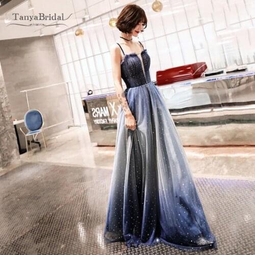 Gradient Blue Color Prom Dresses 2020 A Line Backless Floor Length Bling Bling Long Prom Gown Skin Linging Formal Evening Dress